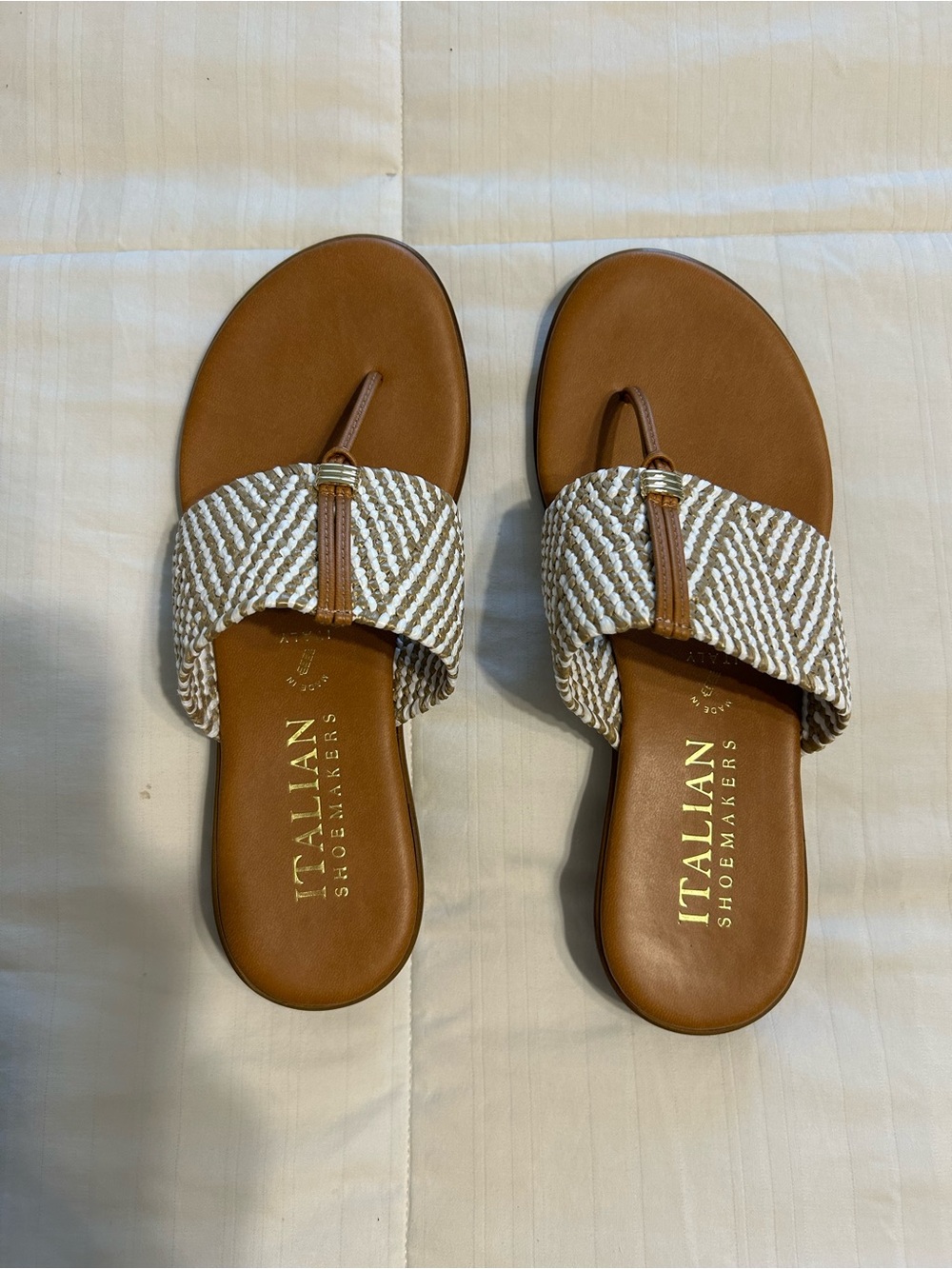Italian Shoemakers Brown and White Braided Toe-Loop Sandals